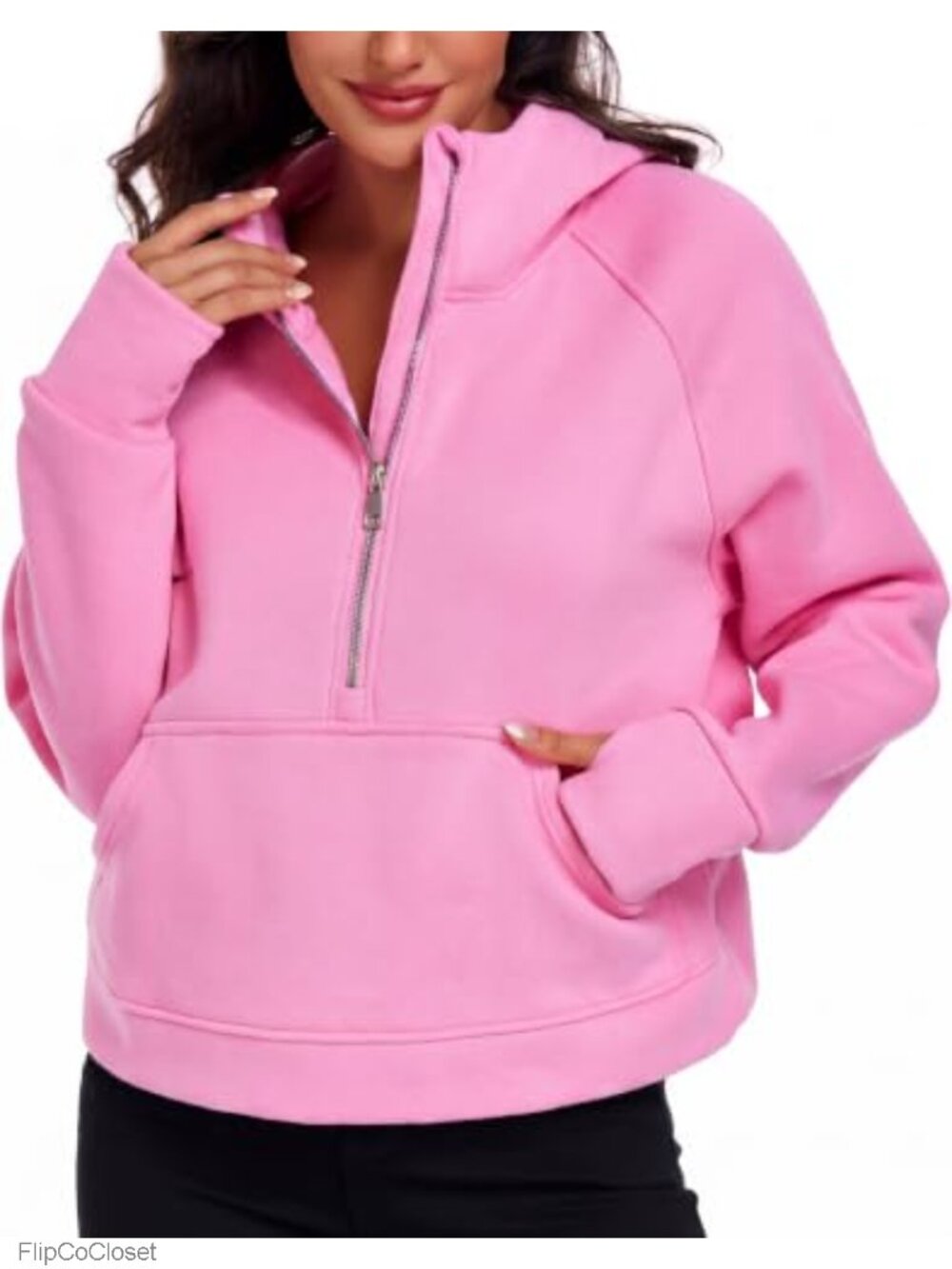 Oversized Half Zip Fleece Lined Hoodie Cotton Blend Kangaroo Pocket